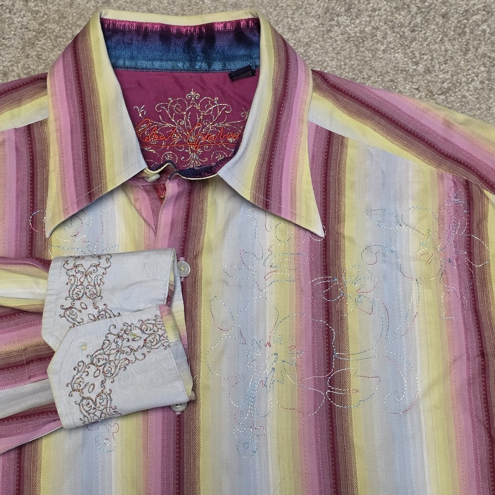 Robert Graham XL Flip Cuff Embroidered Striped Button Up Shirt Floral Luxury EUC